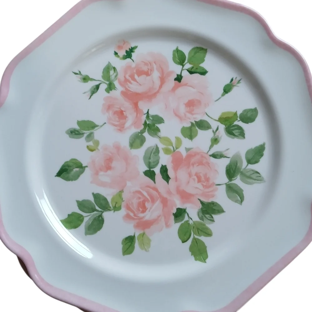 Set of 2 Laura Ashley Soft Pink Rose Melamine Salad Plate Scalloped Rim 9